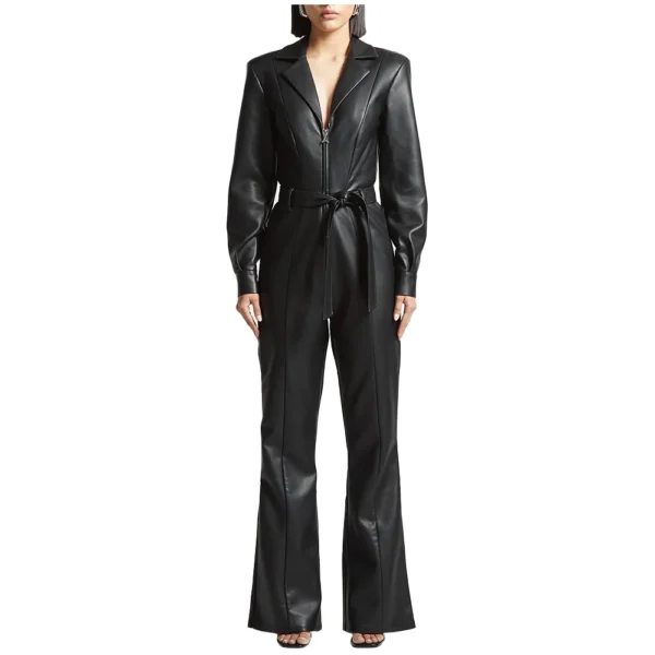 Genuine Black Leather Belted Jumpsuit Women - Image 2