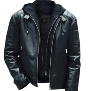 Men Leather Moto Hooded Jacket