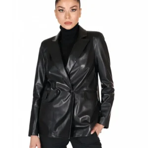 Black double-breasted leather blazer button closure