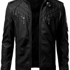 Men's Leather Jacket Stand Collar Motorcycle Leather Jackets Casual Lightweight Zip Up Biker Coat