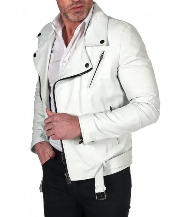 White belted nappa lamb leather biker jacket - Image 2