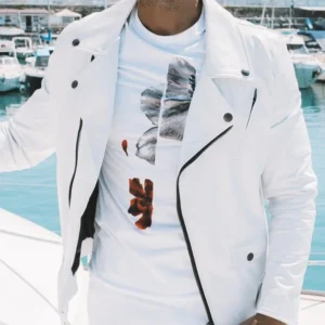 White belted nappa lamb leather biker jacket