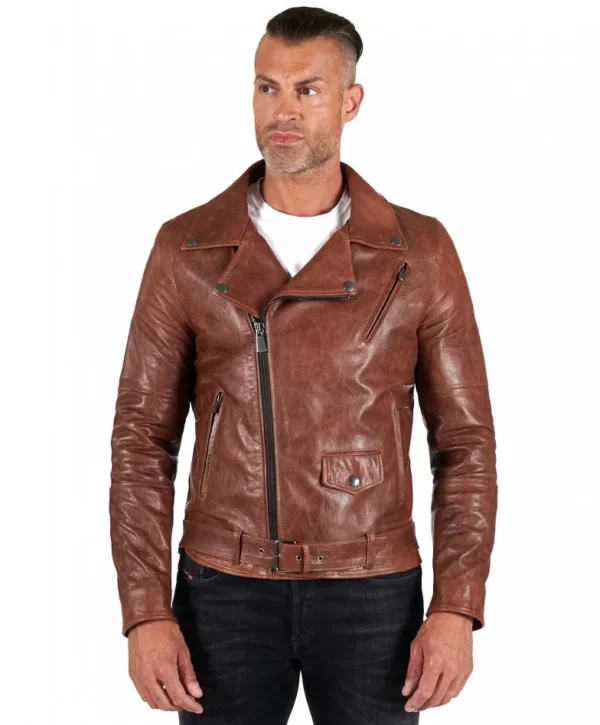 Tan belted lamb leather biker jacket vintage effect - Image 2