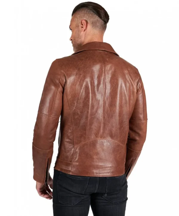 Tan belted lamb leather biker jacket vintage effect - Image 4