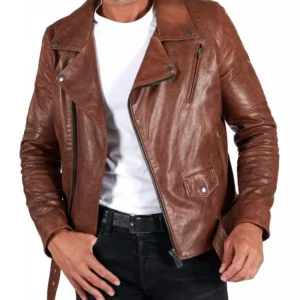 Tan belted lamb leather biker jacket vintage effect