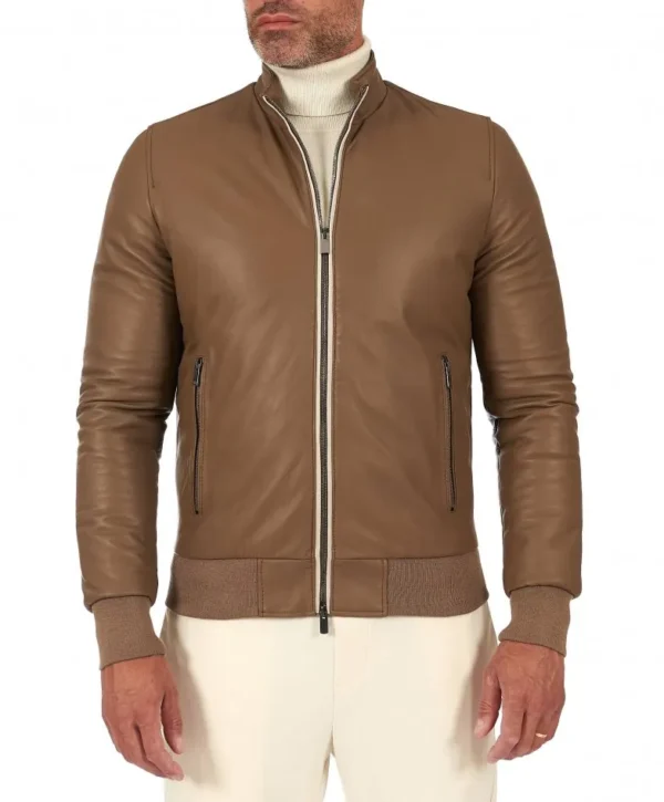 Taupe lamb leather bomber jacket with contrasting profiles - Image 2