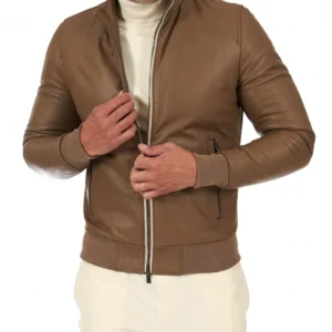 Taupe lamb leather bomber jacket with contrasting profiles