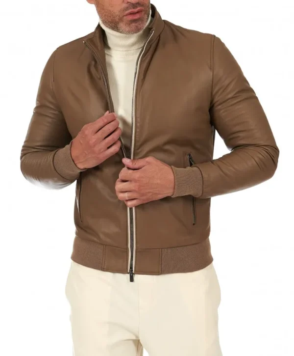 Taupe lamb leather bomber jacket with contrasting profiles