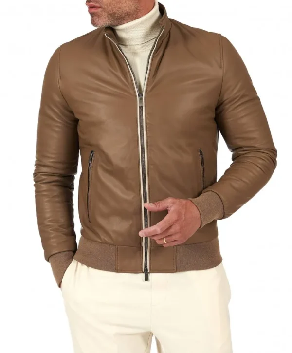 Taupe lamb leather bomber jacket with contrasting profiles - Image 3