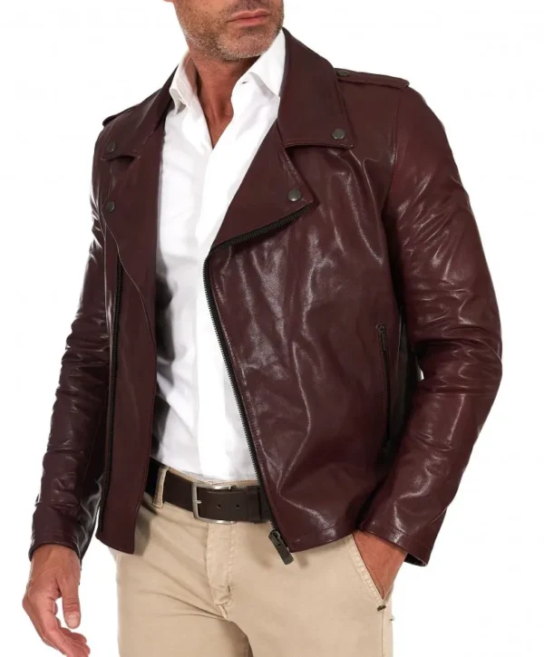Bordeaux lamb leather biker jacket flaps on the shoulders - Image 2