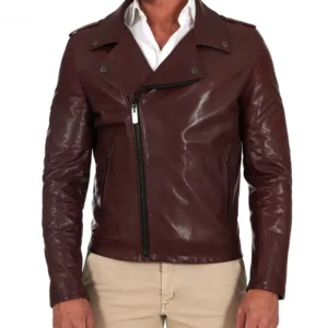Bordeaux lamb leather biker jacket flaps on the shoulders