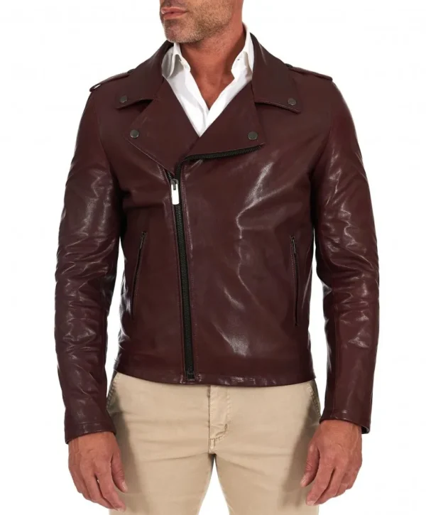 Bordeaux lamb leather biker jacket flaps on the shoulders