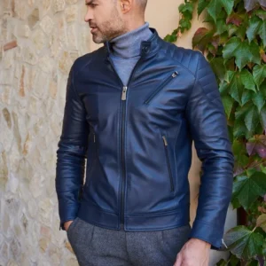 Blue quilted lamb leather biker jacket three zipper pockets