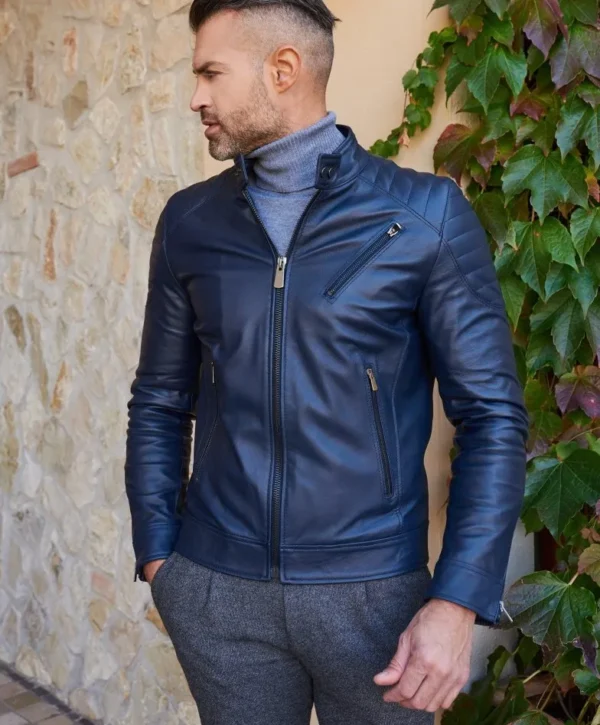 Blue quilted lamb leather biker jacket three zipper pockets