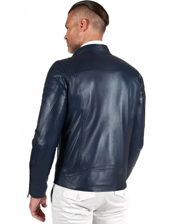 Blue quilted lamb leather biker jacket three zipper pockets - Image 3
