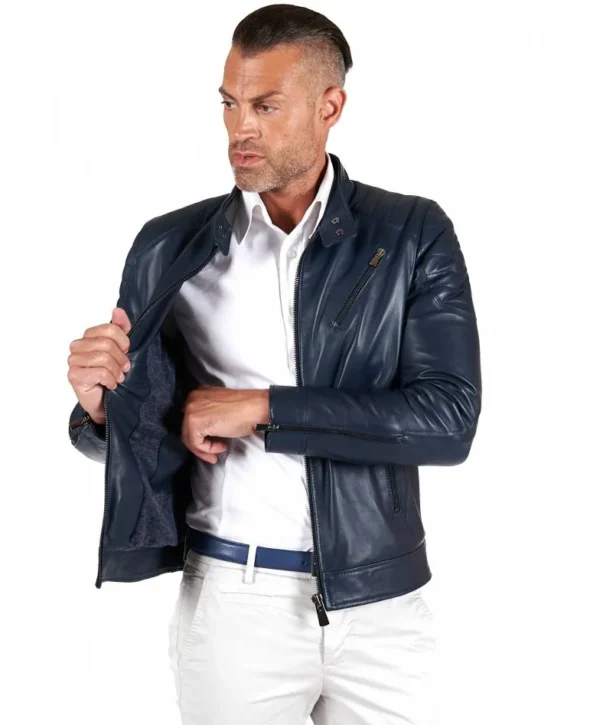 Blue quilted lamb leather biker jacket three zipper pockets - Image 4