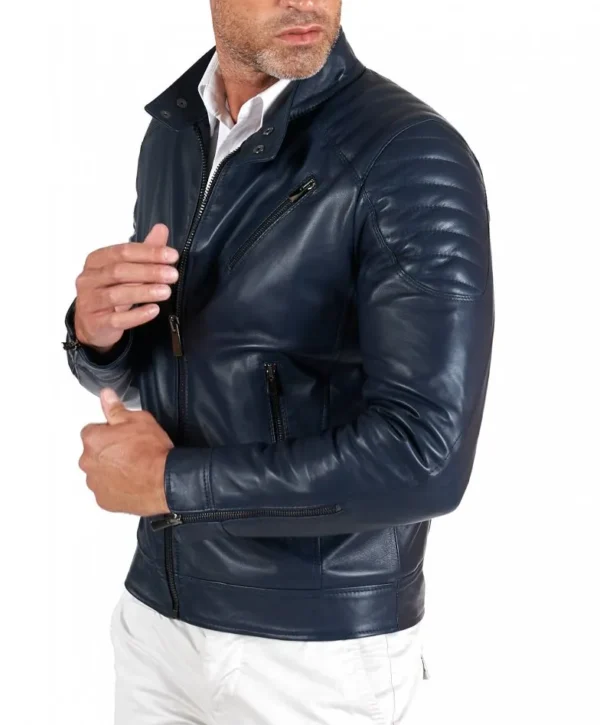 Blue quilted lamb leather biker jacket three zipper pockets - Image 2