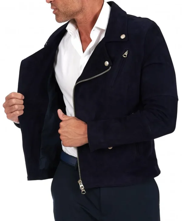 Blue belted suede lamb leather biker jacket smooth effect - Image 2