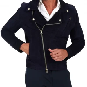 Blue belted suede lamb leather biker jacket smooth effect