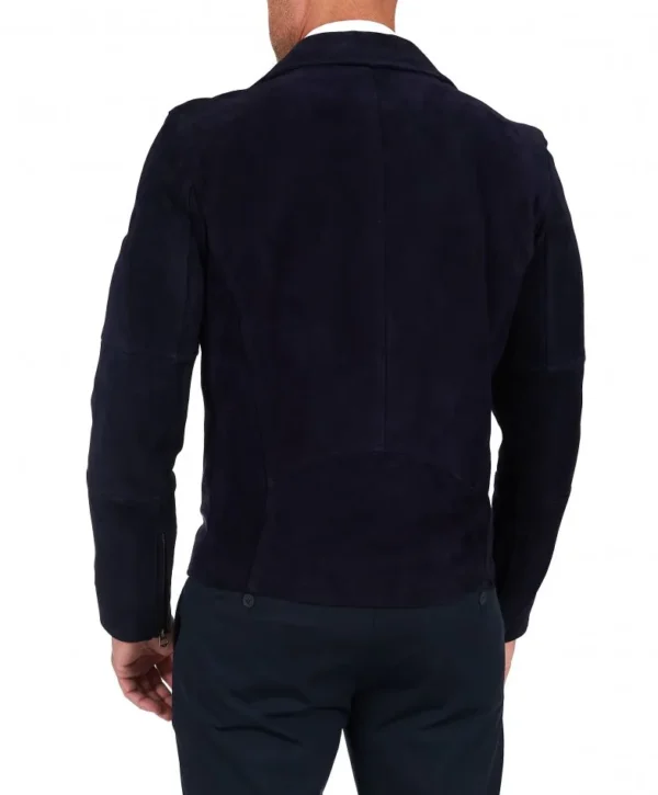 Blue belted suede lamb leather biker jacket smooth effect - Image 4