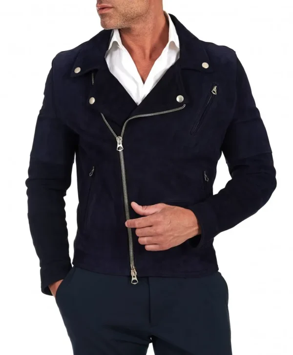 Blue belted suede lamb leather biker jacket smooth effect - Image 3