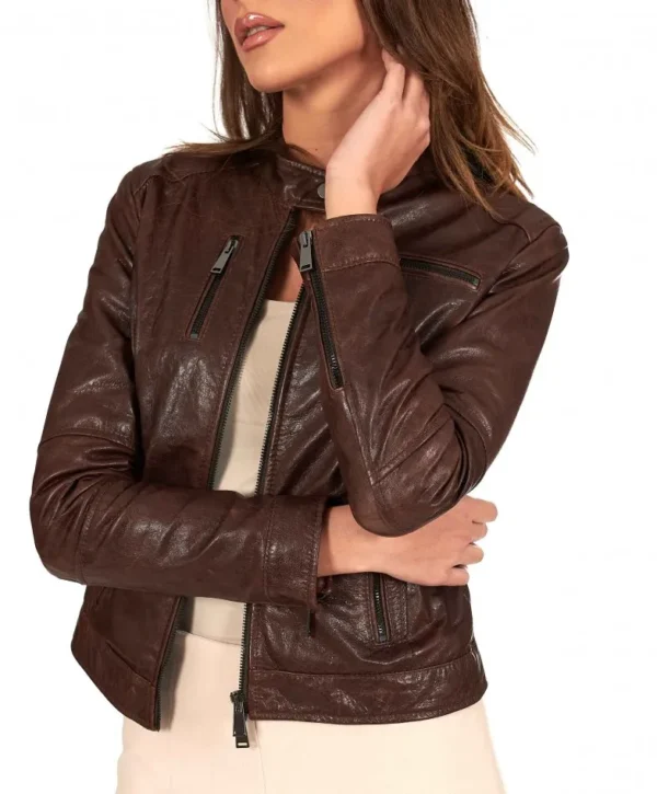 Dark brown vintage leather biker jacket four zipper pockets - Image 2