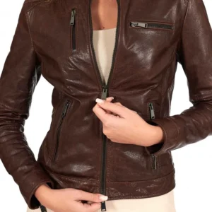 Dark brown vintage leather biker jacket four zipper pockets