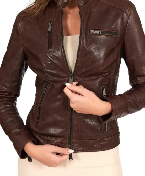 Dark brown vintage leather biker jacket four zipper pockets
