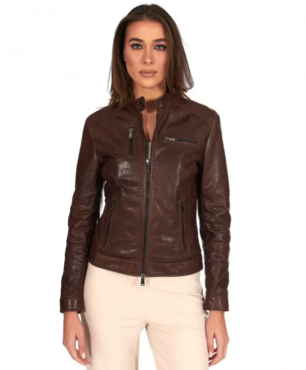 Dark brown vintage leather biker jacket four zipper pockets - Image 3